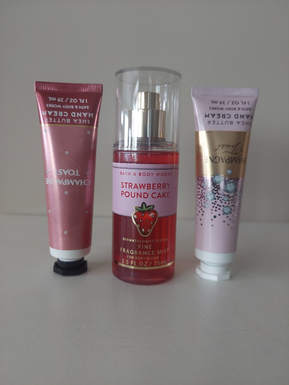 NEW Travel Size BBW Strawberry Pound Cake Mist & 2 Champagne Toast Hand Cream